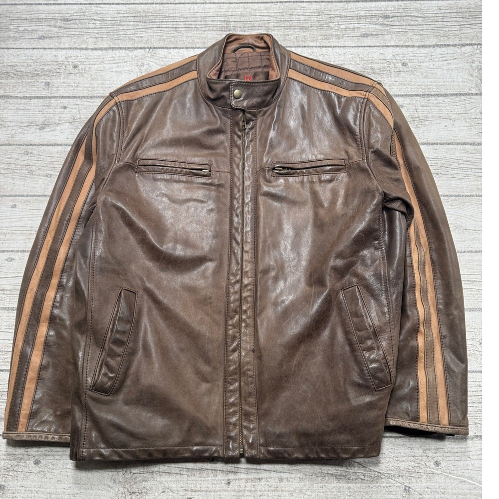 Vintage 90s Danier Leather Jacket Mens Large Brown Quilted Cafe Racer Moto Biker